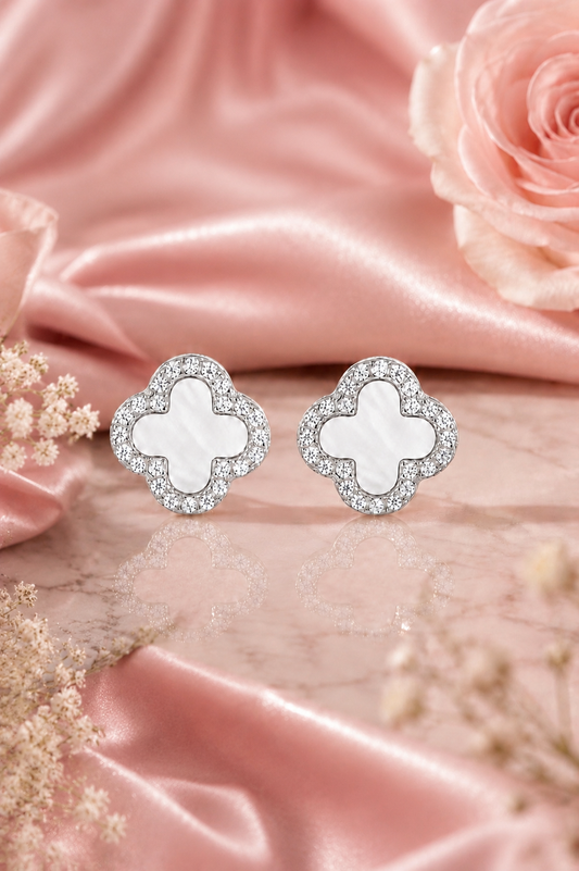 Atèlier S925 Silver Gold White Jade Clover Earrings