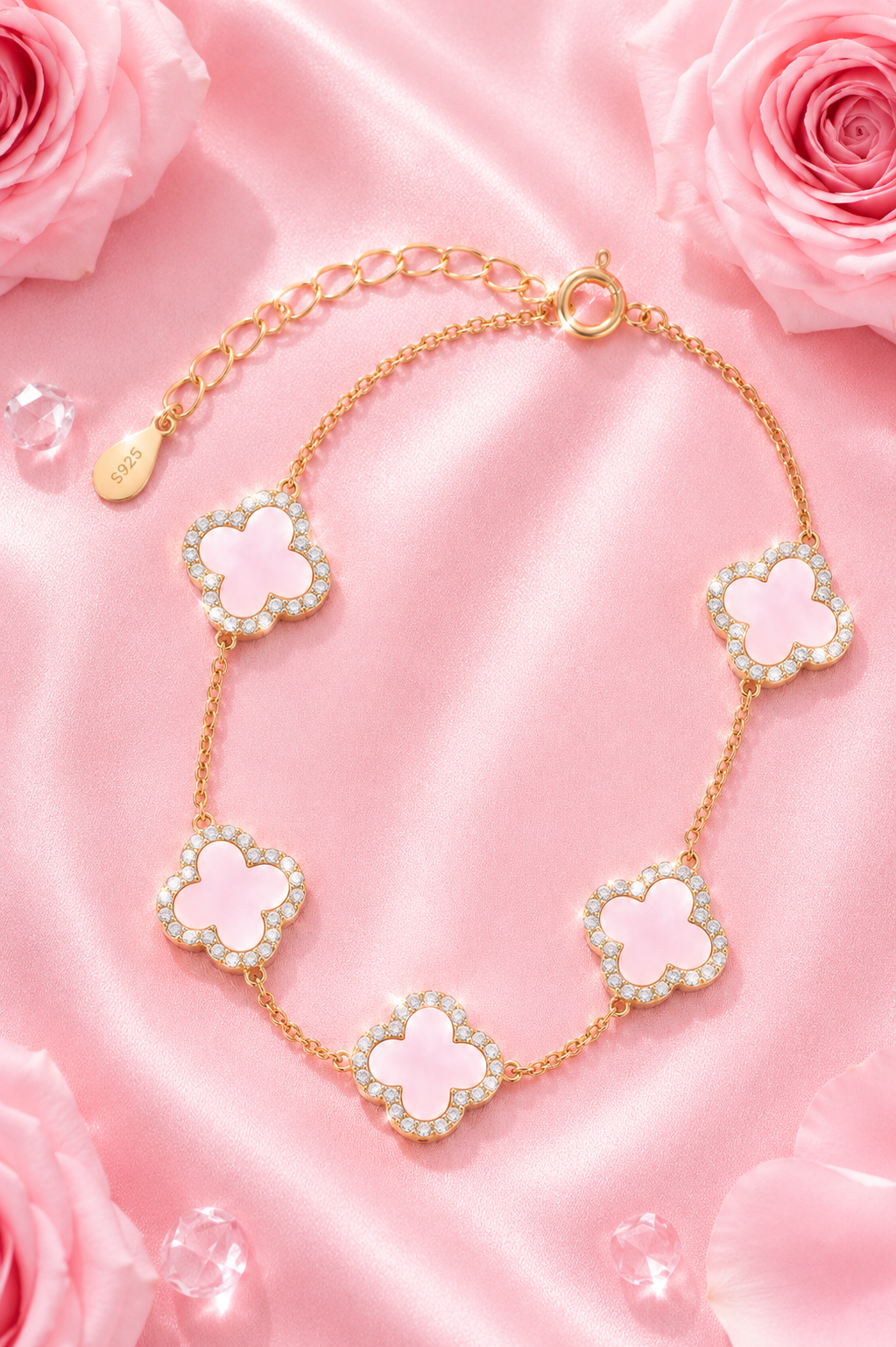 Atèlier 14k Gold Pink Jade Clover Bracelet